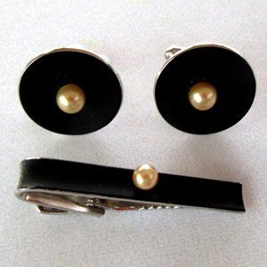 Matte black & faux pearl cufflinks and tie bar set